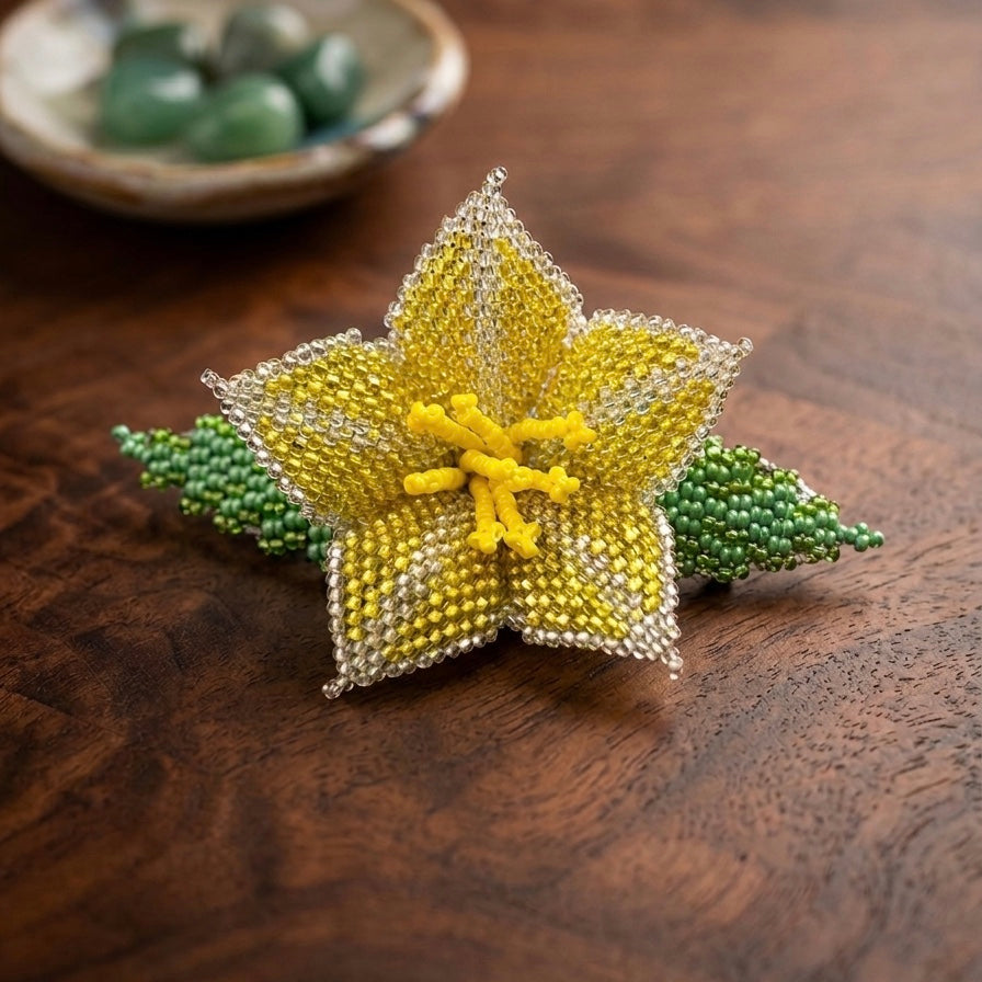 Yellow Ember Bloom Beaded Hair Barrette-3