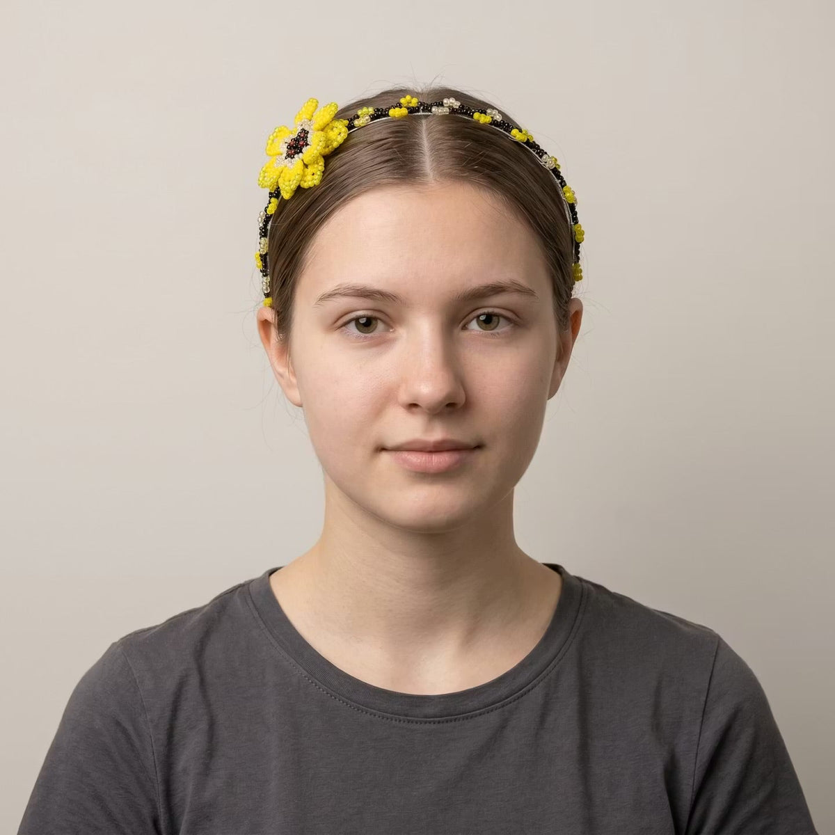 Beaded Headband with Flower Yellow