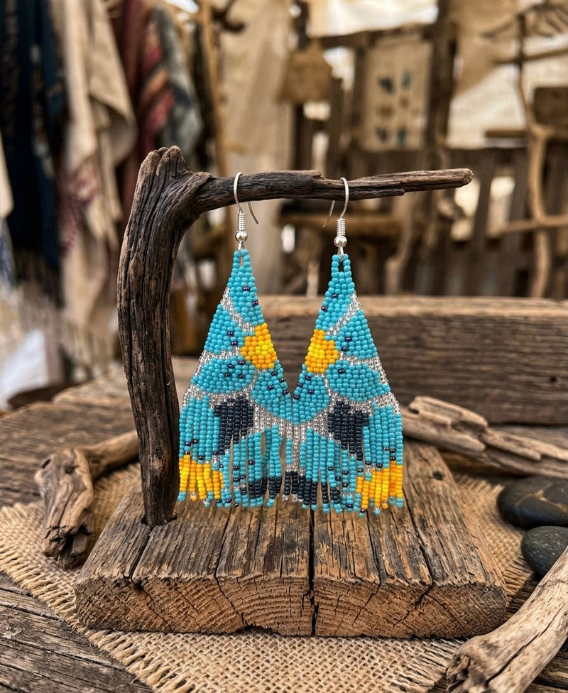 Flower Fringe Beaded Earrings (Turquoise)-1