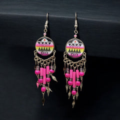 Pink and Black Southwestern Round Shaped Dangle Earrings-1