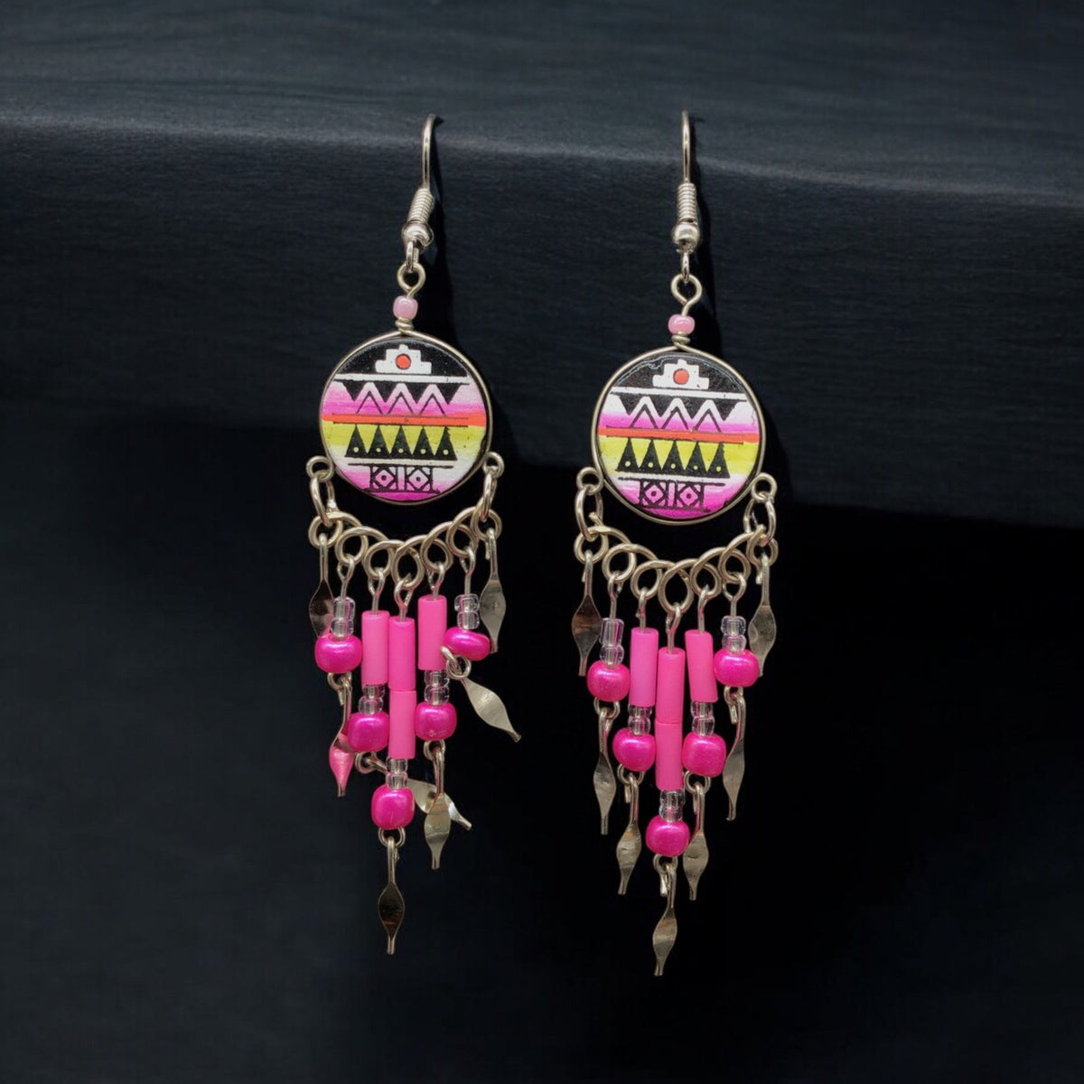 Pink and Black Southwestern Round Shaped Dangle Earrings