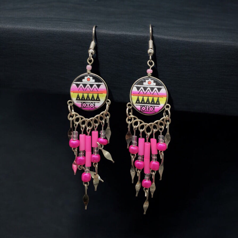 Pink and Black Southwestern Round Shaped Dangle Earrings-1