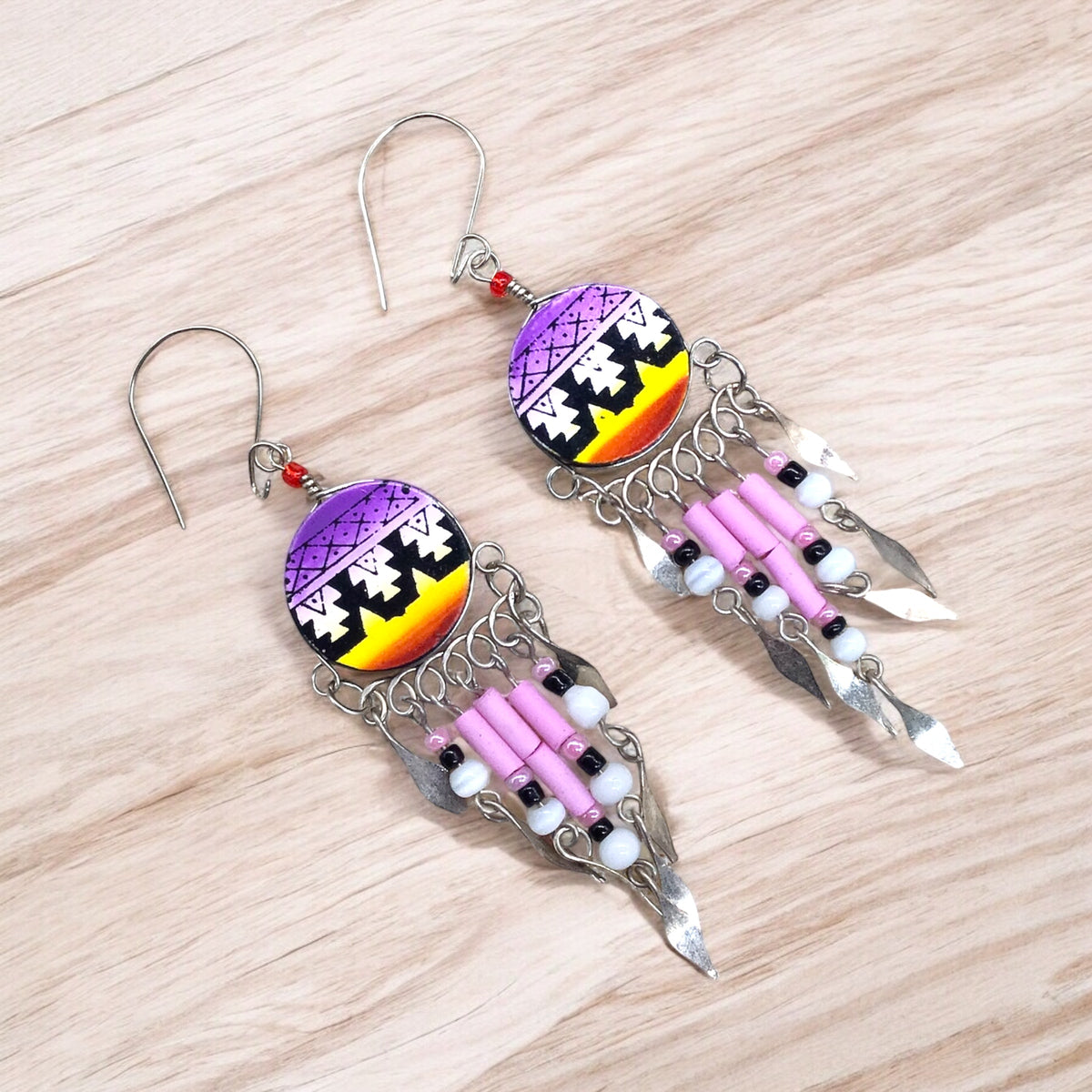 Purple and Yellow Southwestern Round Shaped Dangle Earrings-2