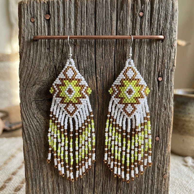Fringe Bead Drop Earrings (White)-2
