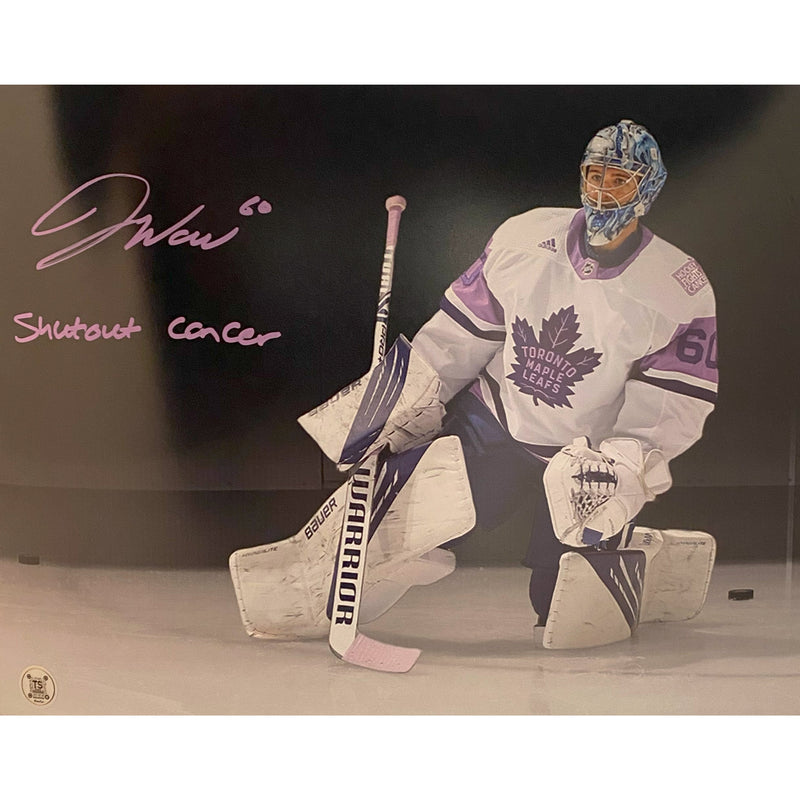 Fotografía de 11x14 de Joseph Woll autografiada de los Toronto Maple Leafs de la campaña Hockey Fights Cancer, con la inscripción "Shutout Cancer"-1