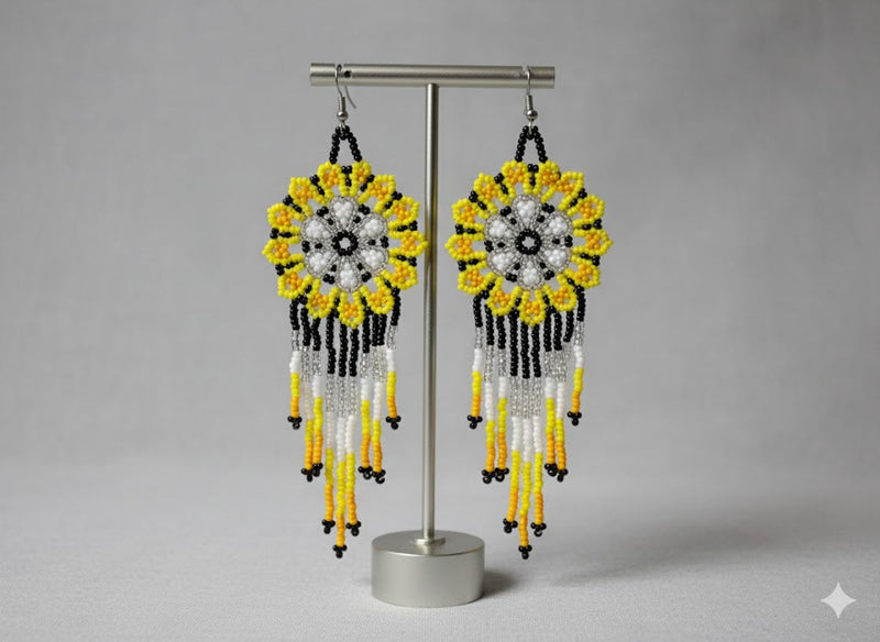 Yellow white Flower beaded Earrings-3
