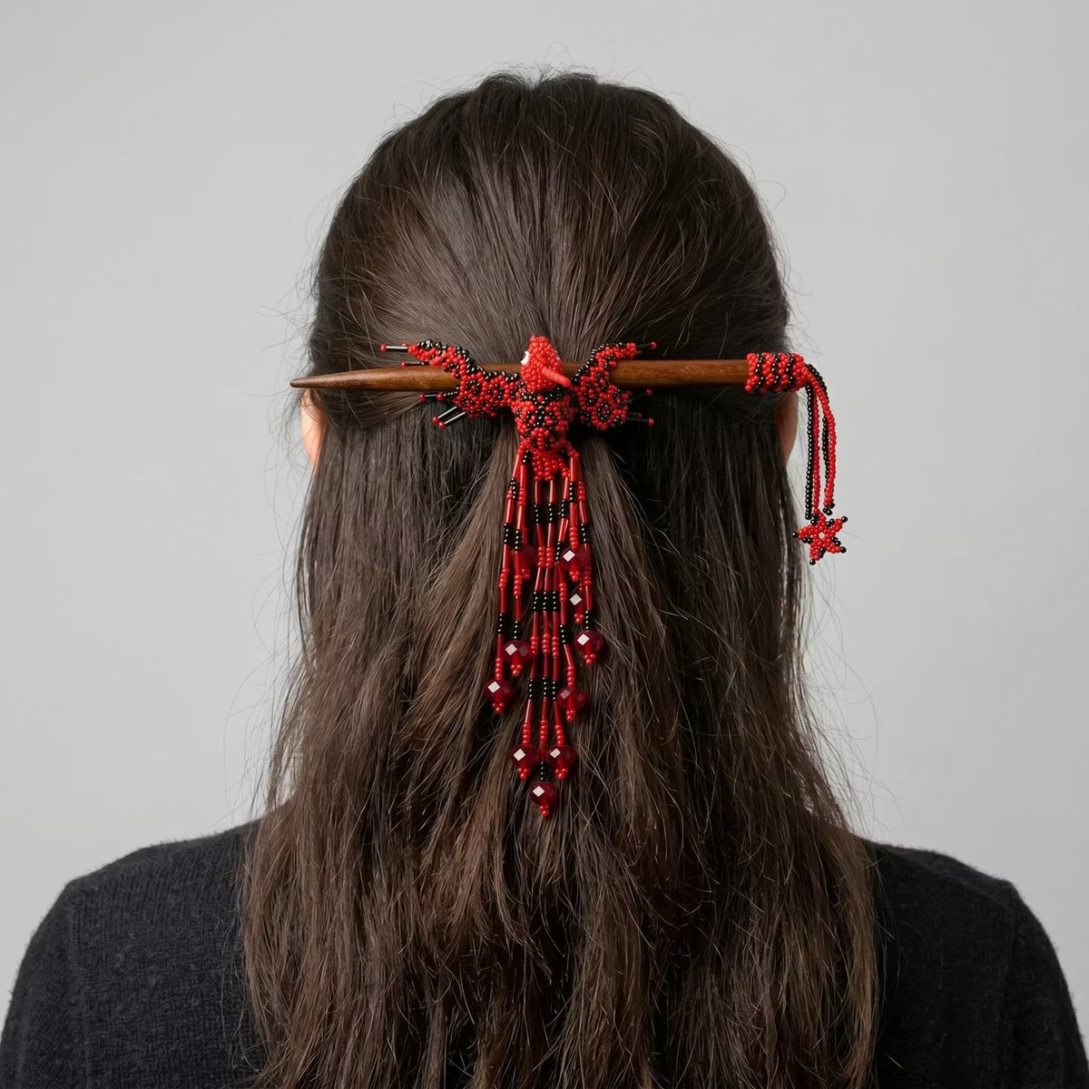 Red & Black Hummingbird Beaded Hair Stick-4