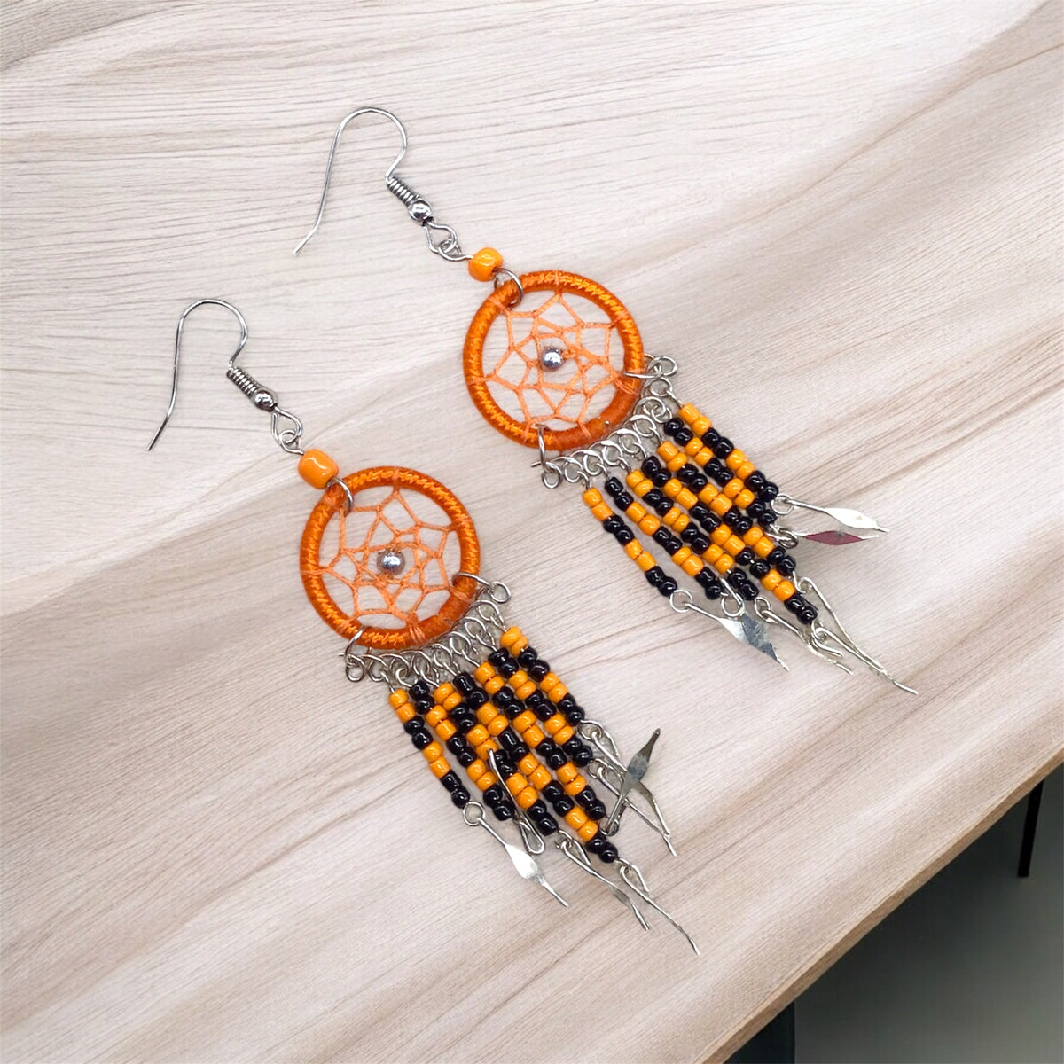 Orange and Black Beaded Dreamcatcher earrings-2