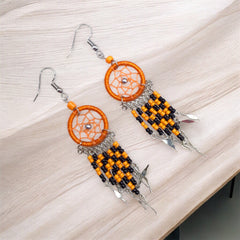 Orange and Black Beaded Dreamcatcher earrings-2