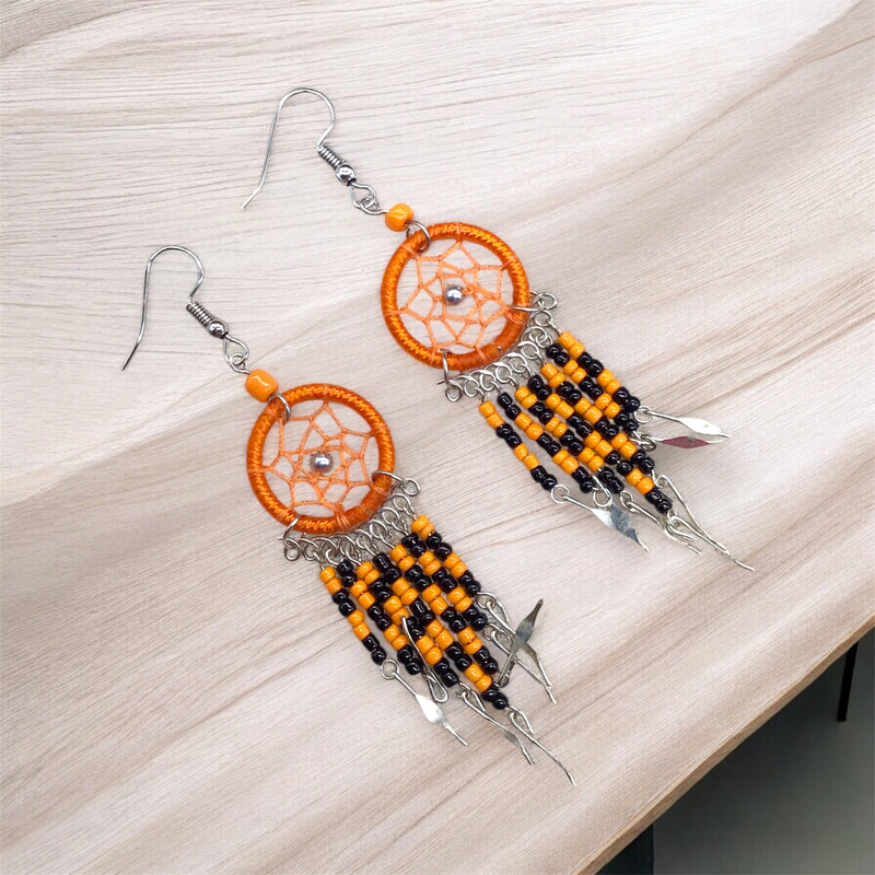 Orange and Black Beaded Dreamcatcher earrings-2