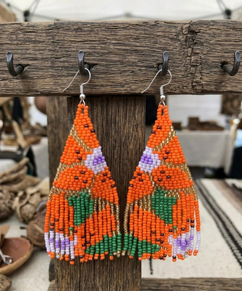 Flower Fringe Beaded Earrings (Orange)-5