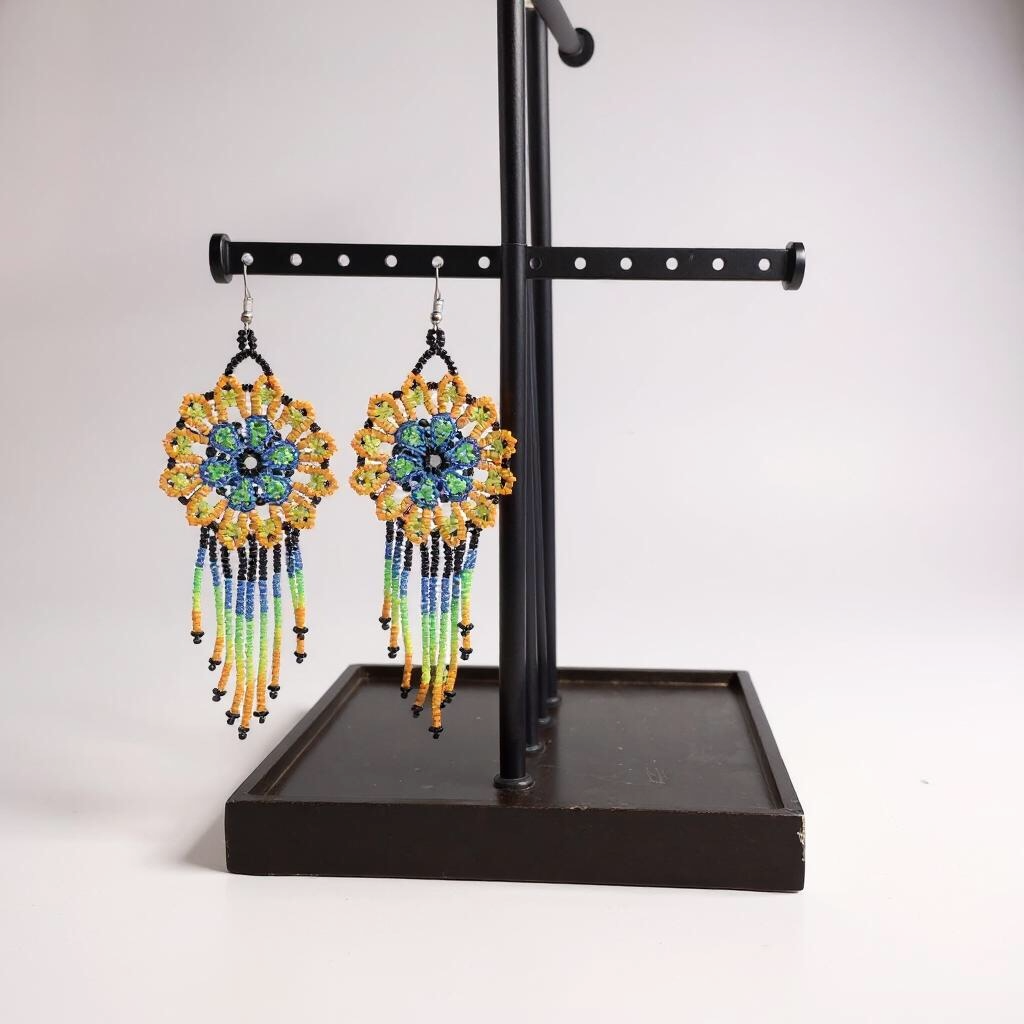 Green Blue Flower beaded Earrings-1