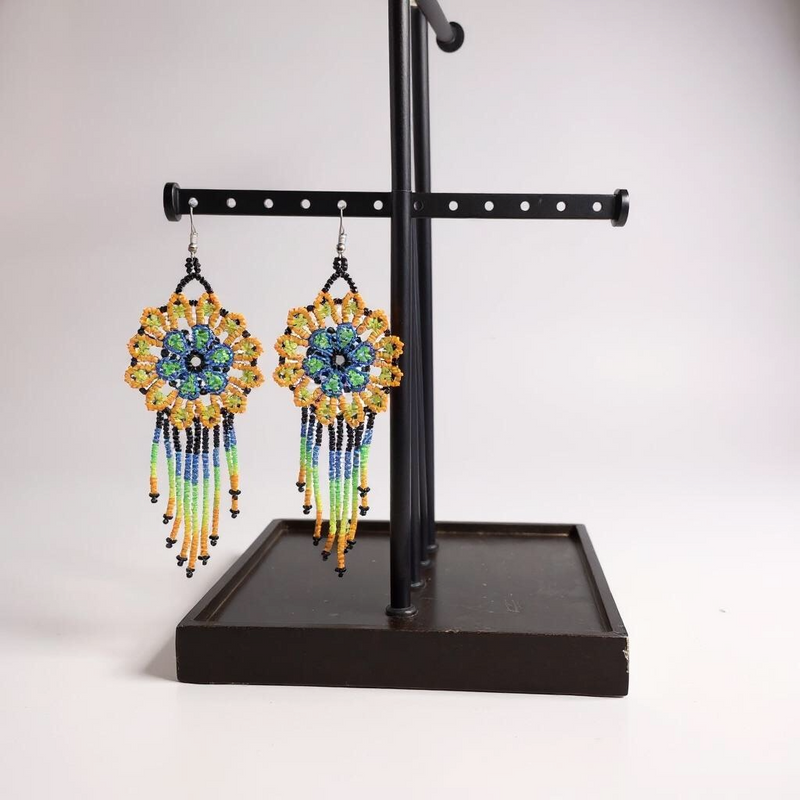 Green Blue Flower beaded Earrings-1