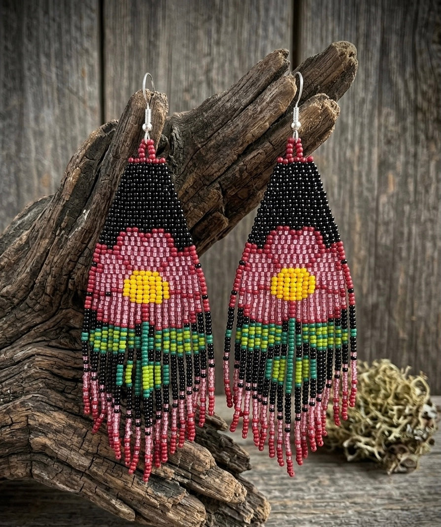Flower Beaded Earrings ( Red )-2