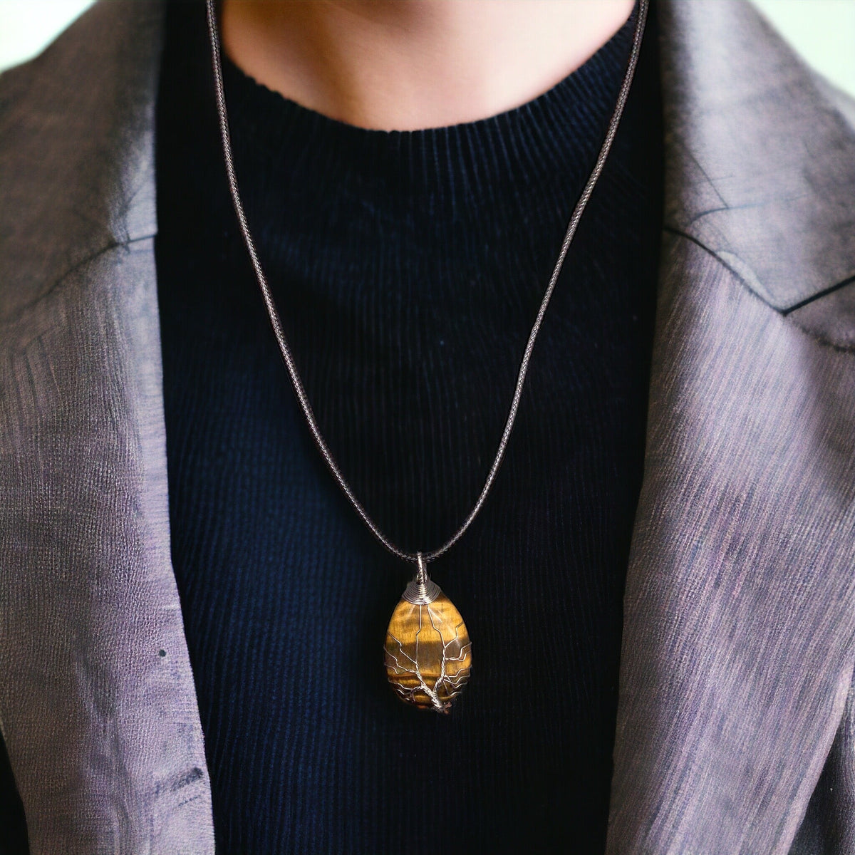 Yellow golden tiger eyes Gemstone Pendant Wrapped w/ Silver Tree of Life-1