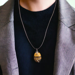 Yellow golden tiger eyes Gemstone Pendant Wrapped w/ Silver Tree of Life-1