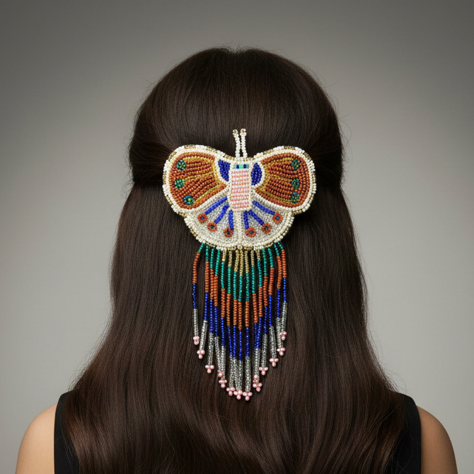 Butterfly Beaded Barrettes with Fringes Brown& White