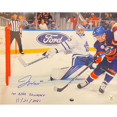 Foto de 11x14 autografiada por Joseph Woll de los Toronto Maple Leafs con la inscripción "1st NHL Shutout 11/21/2021"-1