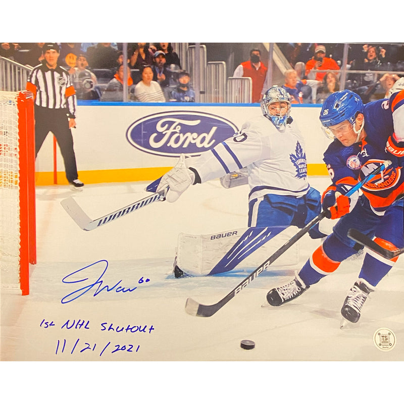 Foto de 11x14 autografiada por Joseph Woll de los Toronto Maple Leafs con la inscripción "1st NHL Shutout 11/21/2021"-1