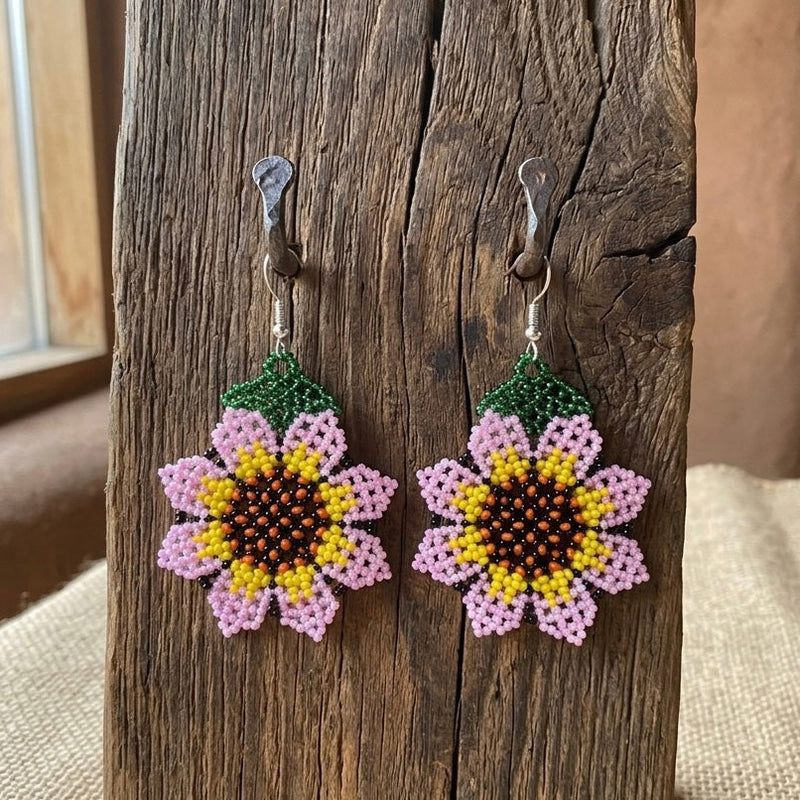 Sunflower Beaded Earrings (Pink)-2