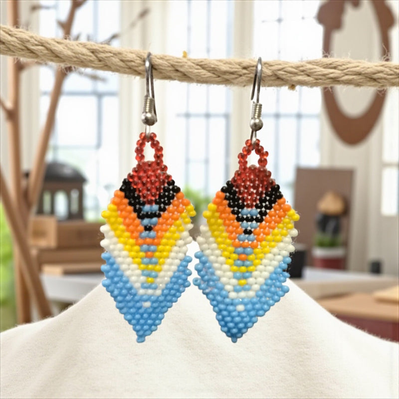 Red and light Blue Beaded Feather Drop Earrings-2