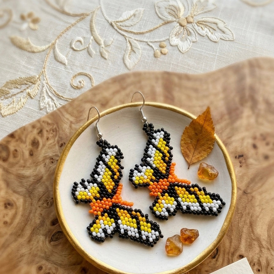 Orange and white Butterfly Beaded Earrings-1