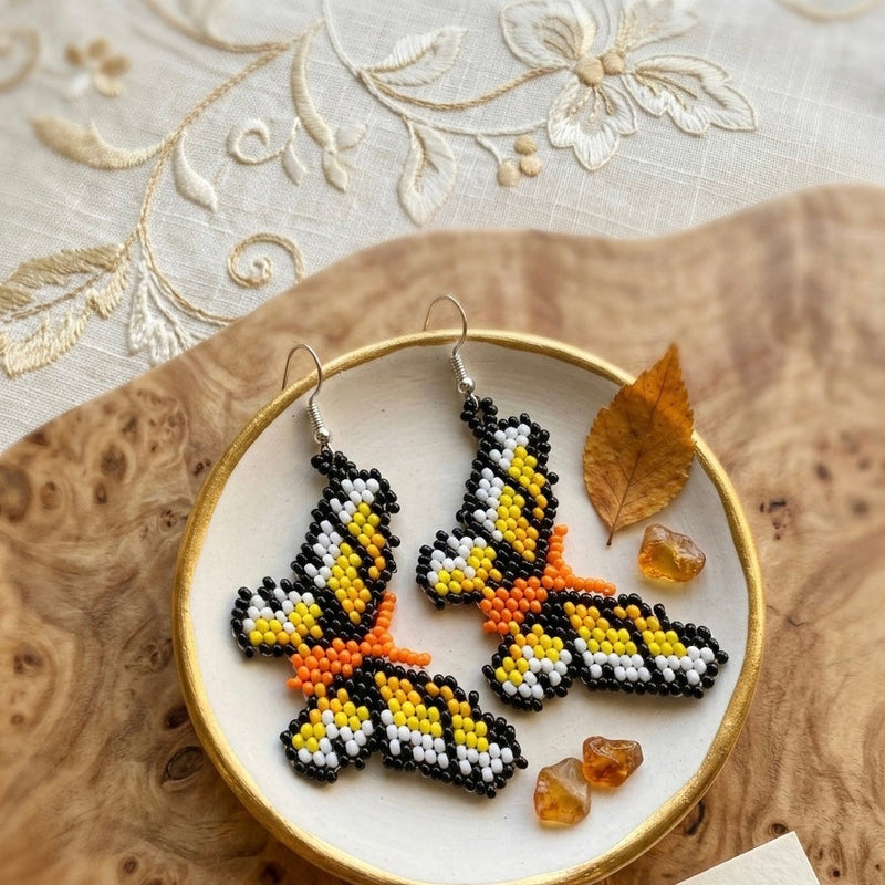 Orange and white Butterfly Beaded Earrings-1