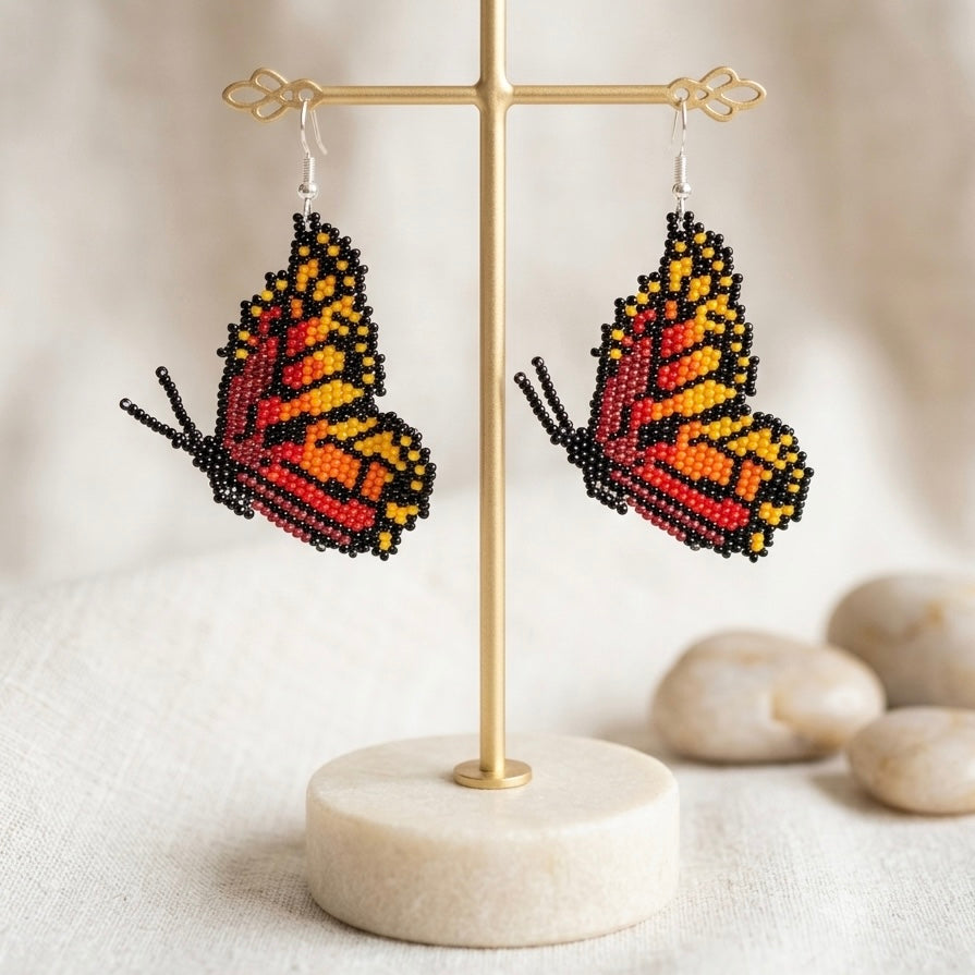 Brown Beaded Butterfly Wing Earrings-4