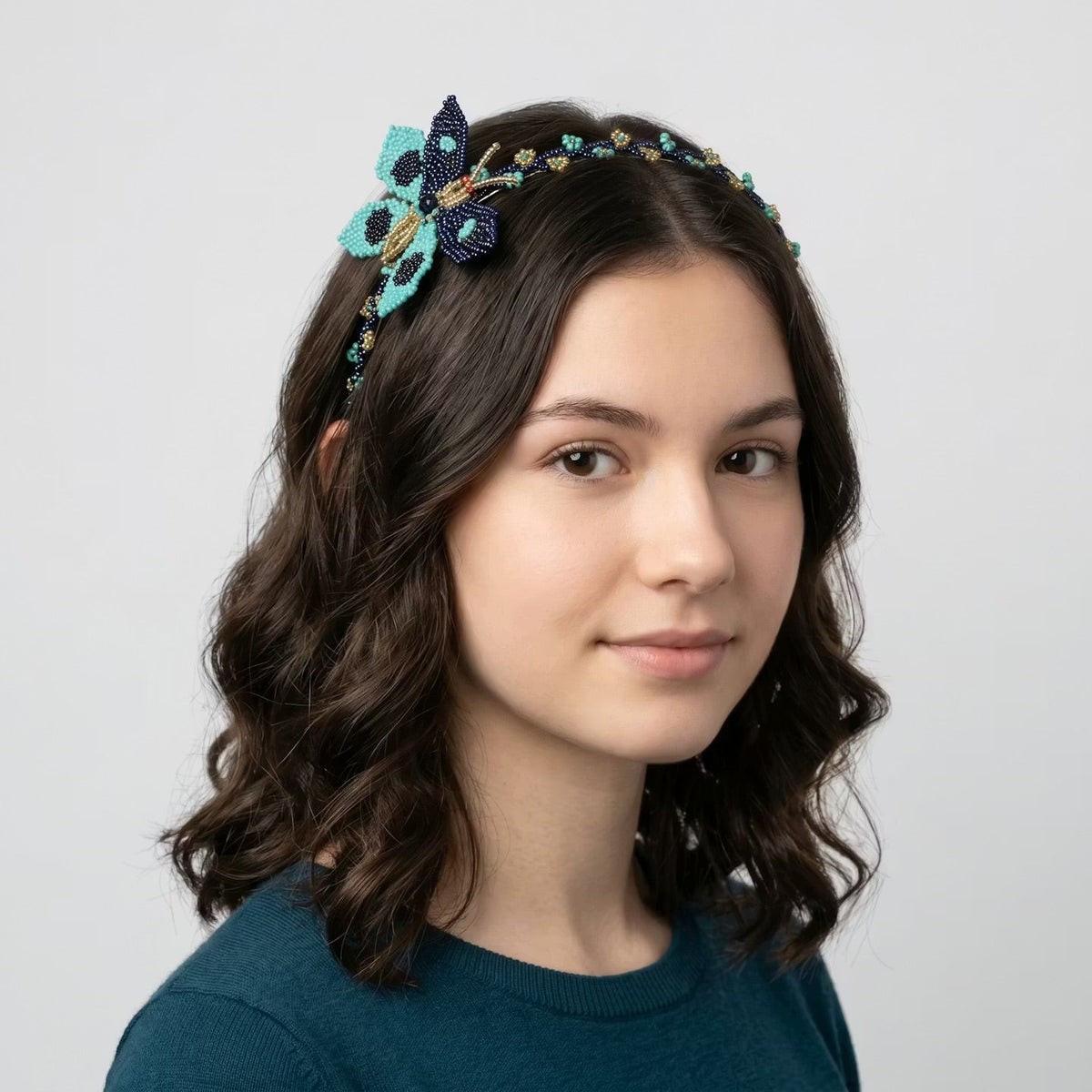 Beaded Headband with Butterfly Turquoise-6