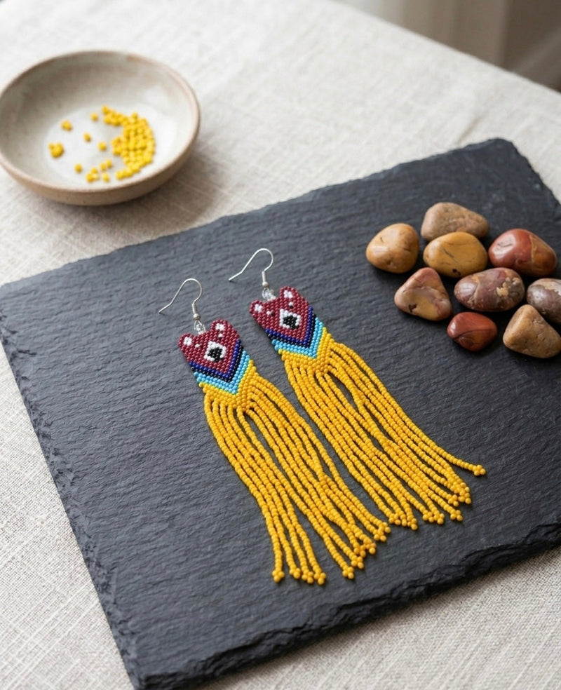 Red - Mustard Native Bear Beaded Earrings-1