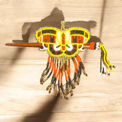 Red and Yellow Wooden Stick Butterfly Beaded Barrette with Fringes-2