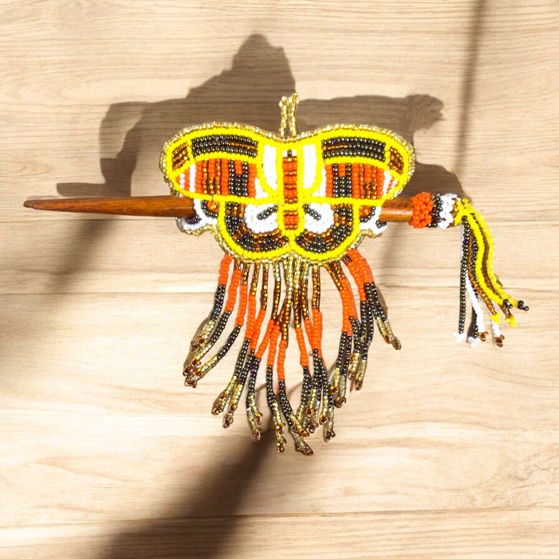 Red and Yellow Wooden Stick Butterfly Beaded Barrette with Fringes-2