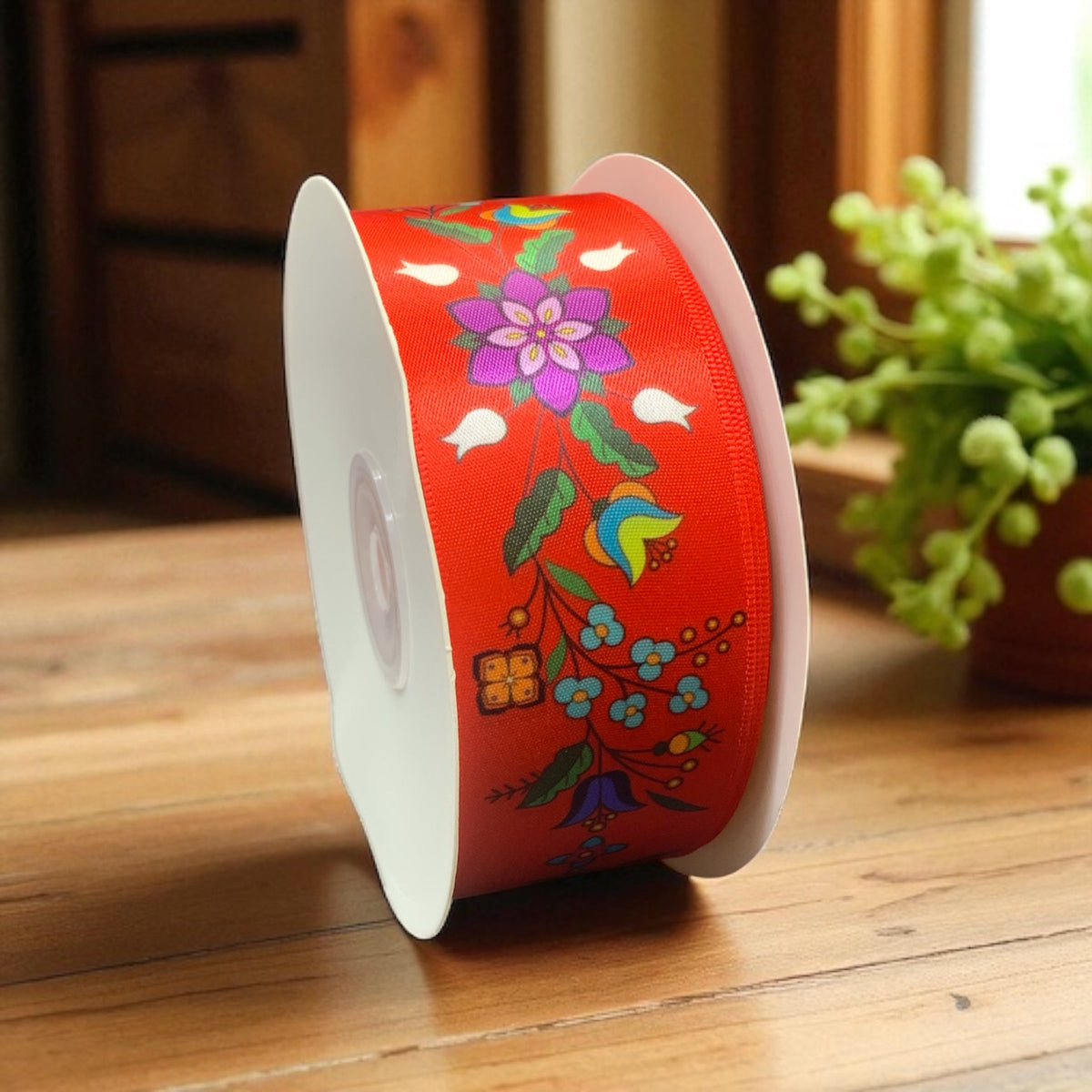Red Double Face Floral Ribbon Roll-2