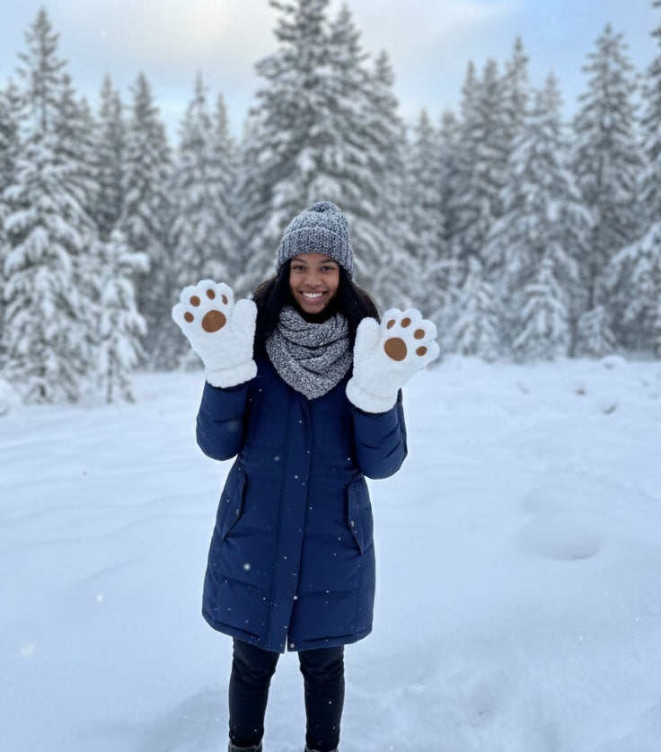 White Soft Plush Bear Paw Gloves-2