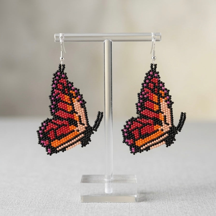 Pink Beaded Butterfly Wing Earrings-2