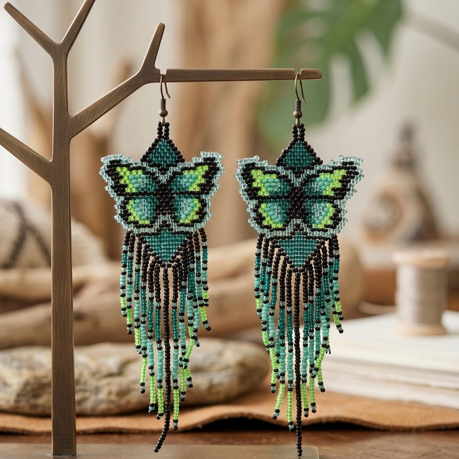 Green Beaded Dancing Wing Earrings-1