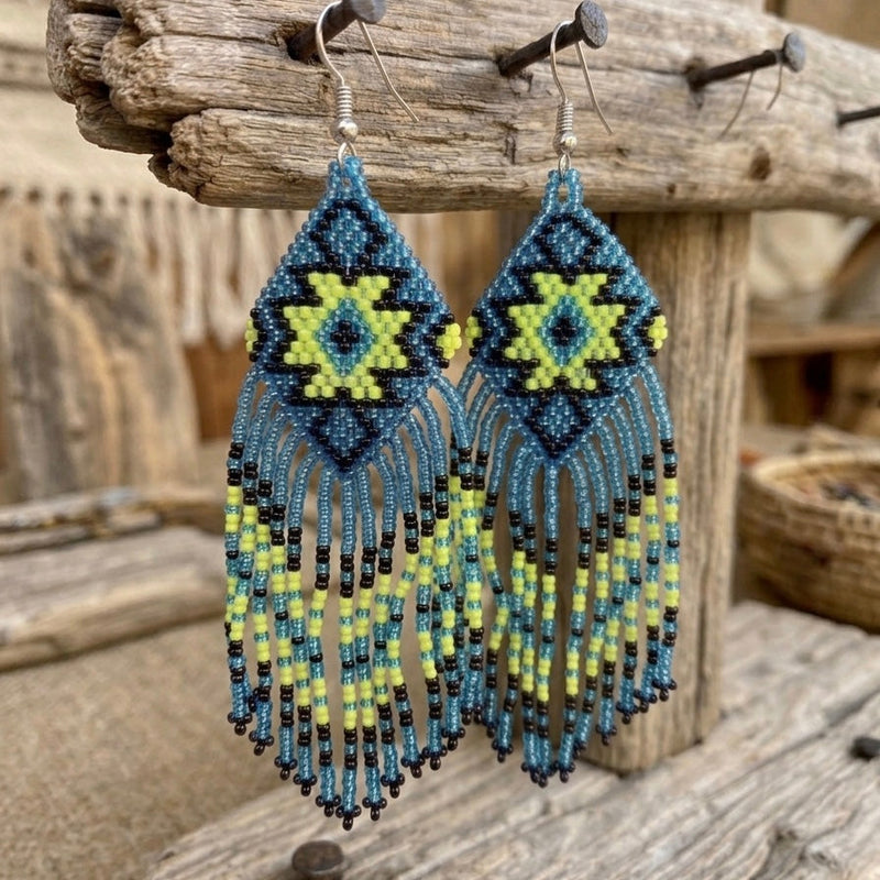 Fringe Bead Drop Earrings (Blue)-1