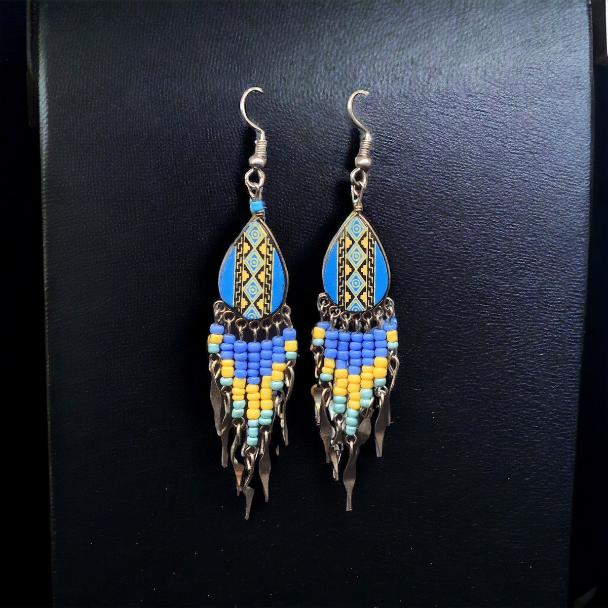 Small Sized Southwestern Blue and Yellow Teardrop Earrings-1
