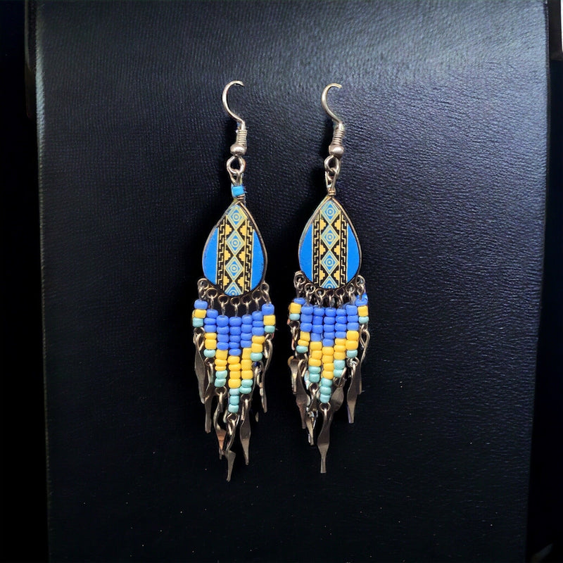 Small Sized Southwestern Blue and Yellow Teardrop Earrings-1