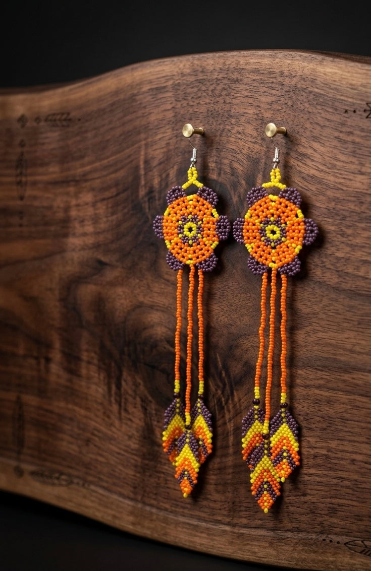 Sun Feather Bloom Beaded Earrings- Orange /yellow/dark purple-1
