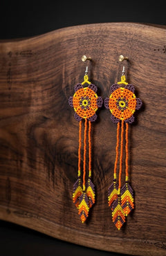 Sun Feather Bloom Beaded Earrings- Orange /yellow/dark purple-1