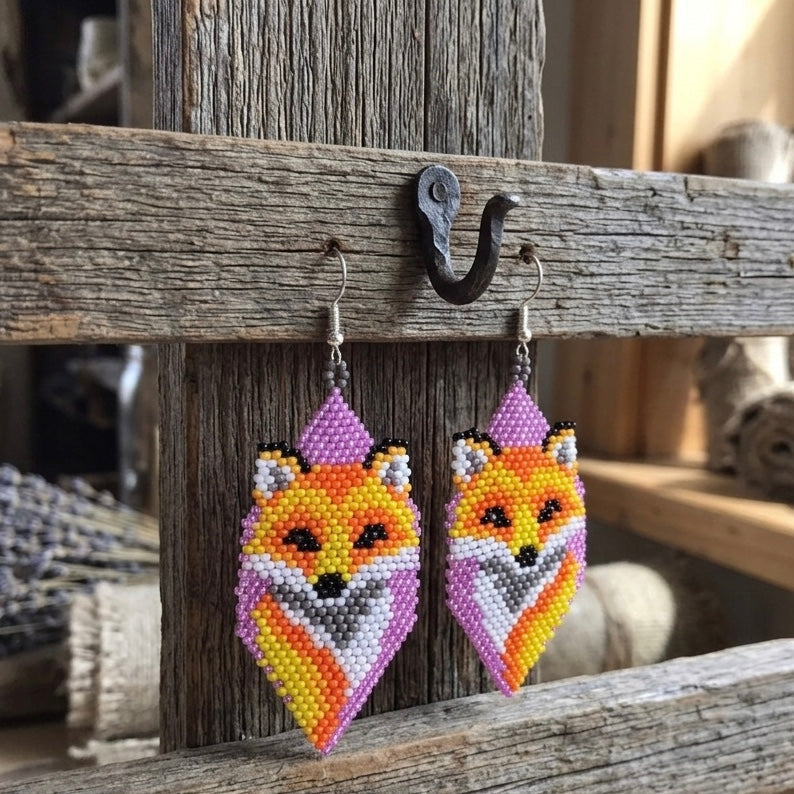 Fox Beaded Earrings (Pink)-1
