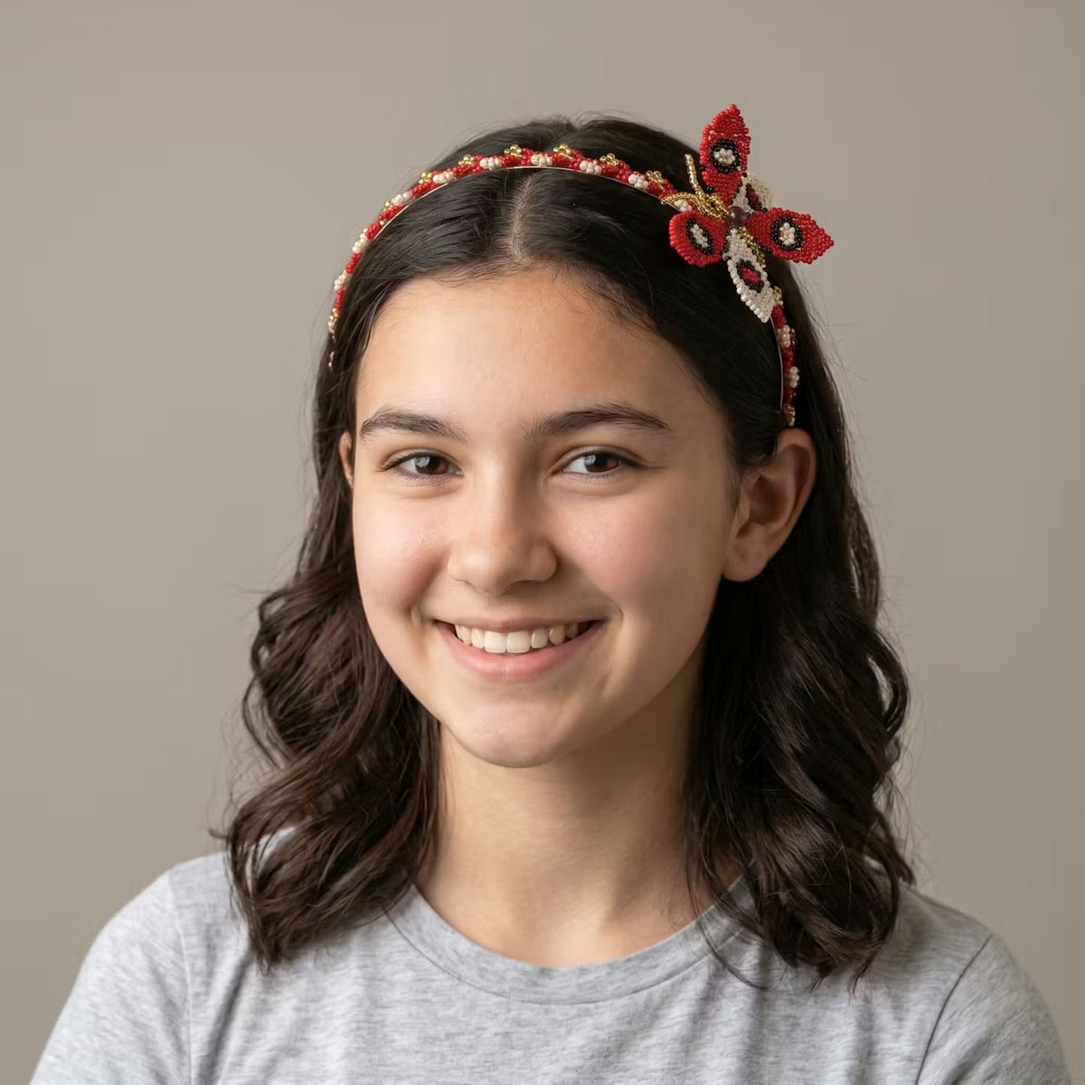 Beaded Headband with Butterfly Red-1