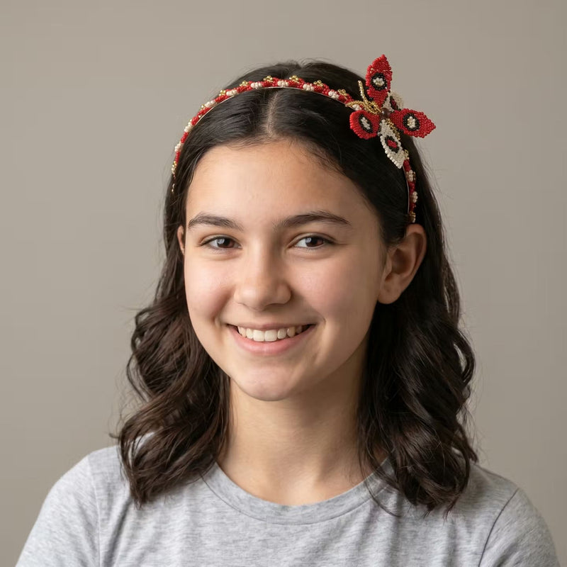 Beaded Headband with Butterfly Red-1