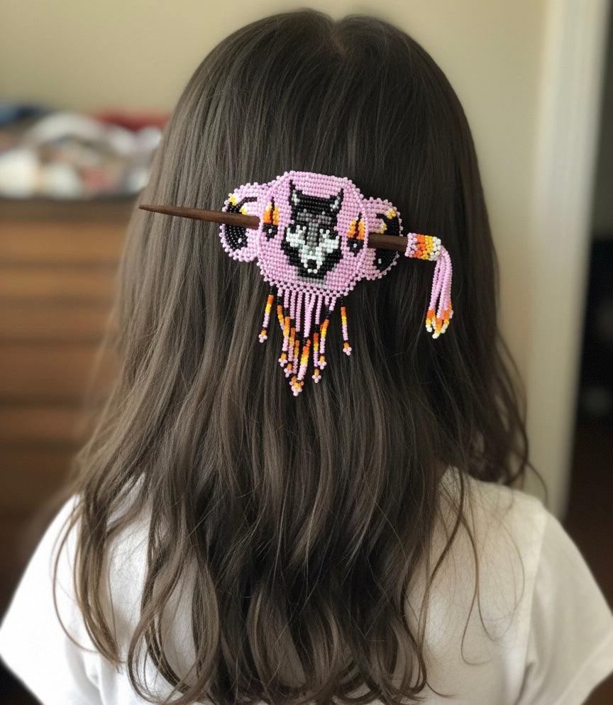 Wolf Fringed Beaded Barrette & Wooden Stick-11