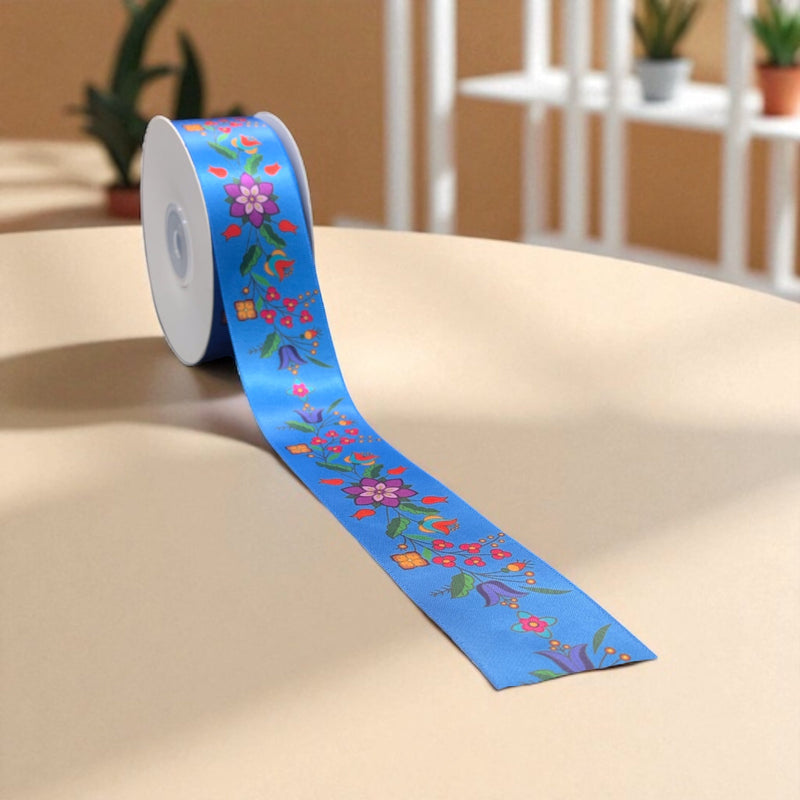 Blue Double Face Floral Ribbon Roll-1