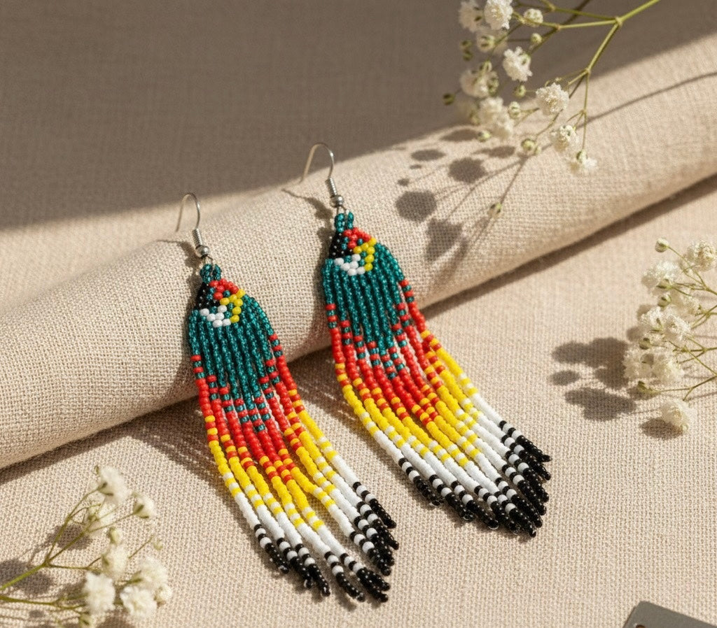 Dark Green Firebird Spirit Beaded Earrings-1