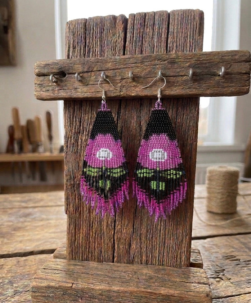 Flower Beaded Earrings ( Pink )-6