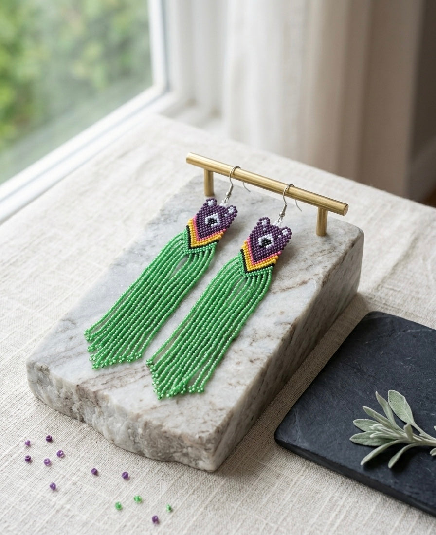 Green - Purple Native Bear Beaded Earrings-2