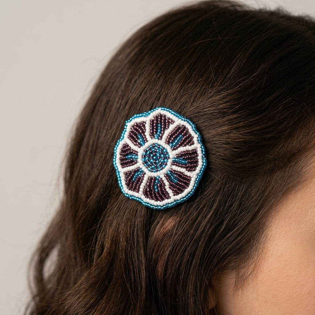 Dark Purple Beaded Flower Barrette-2